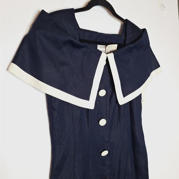 Vintage 90s Courtenay Linen Blend Off Shoulder Midi Shirt Dress M Navy Nautical - Picture 3 of 10